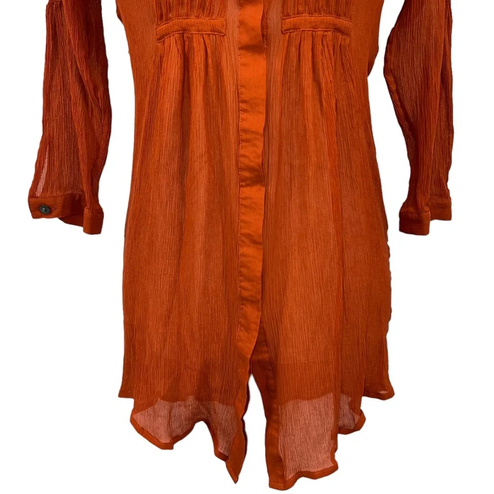 CHICO’S 100 % Burnt Orange Gauzy Pleated Button Down Lightweight 3/4 Sleeve Top - Picture 5 of 13